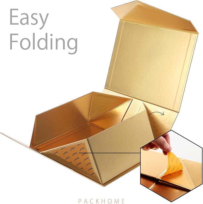 PACKHOME 6 Christmas Gift Boxes 9x6.5x3.8 Inches, Rectangle Collapsible Boxes with Magnetic Lids for Xmas Gift Packaging (Glossy Gold)