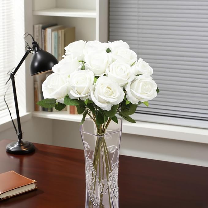 Artificial Roses 50 Pcs Velvet Silk Rose Real Touch Long Stem Fake Flowers Bulk for Flower Arrangement Wedding Centerpieces Home Party Decor (White)