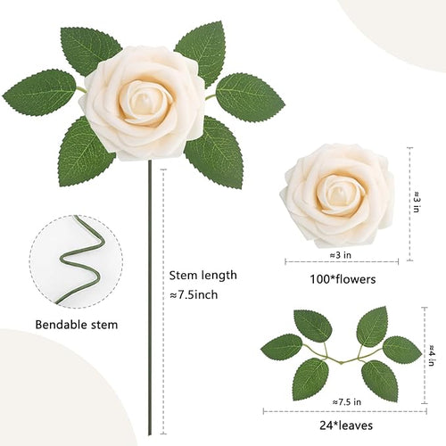 100PCS Champagne Artificial Flowers Roses Real Looking Foam Fake Roses with Leaves for DIY Wedding Bouquets Bridal Shower Centerpieces Party Decorations (Champagne, 100)