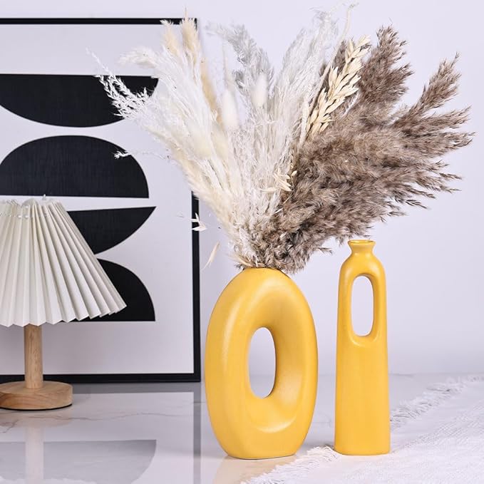Yellow Vases Home Decor - 4-Piece Round Hollow Boho Yellow Ceramic Vase for Pampas Grass Decor, Modern Small Flower Vases for Living Room, Dining Table, Office, Wedding, Fireplace Decor