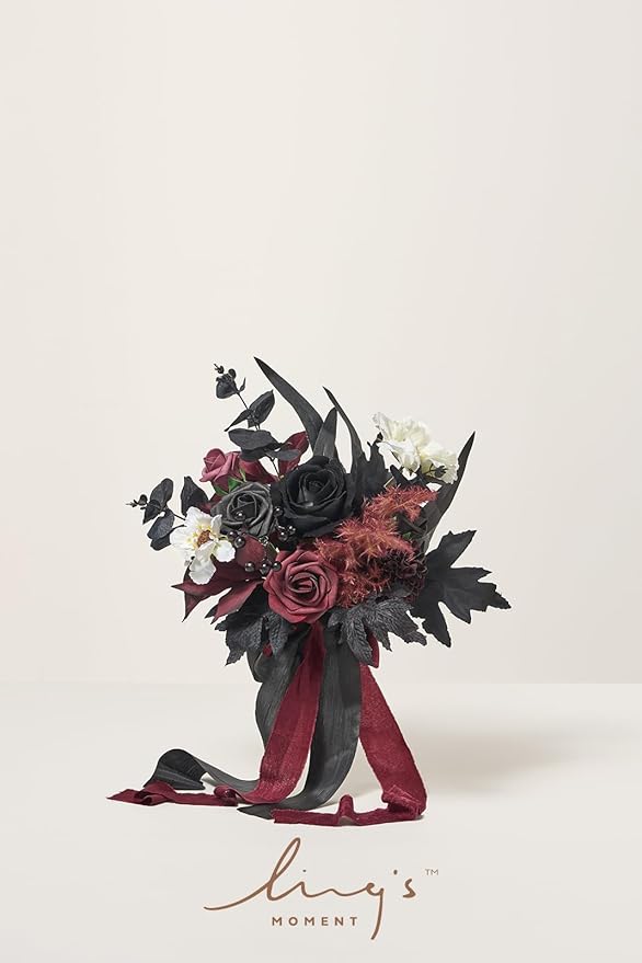 Ling's moment Artificial Flowers Gothic Bridesmaid Bouquet Set of 6, Burgundy and Black Bridal Bouquets for Bridesmaids, 7 Inch Wedding Flowers Bouquets for Wedding, Ceremony, Anniversary, etc
