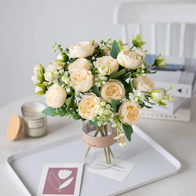 Floweroyal 4 Bunches Peony Artificial Flowers Champagne Flowers Silk Peonies Bouquets for Wedding Party Table Centerpieces Floral Arrangement Home Kitchen Decor.