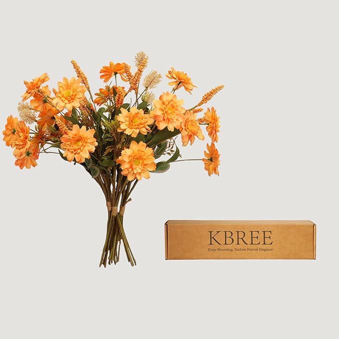 KBREE Artificial Fall Mums Bouquet, 4 Bunches Handmade Faux Daisy Flowers with Grain Stems & Foxtail, 17.7" Natural Farmhouse Mums Bouquets for Autumn Home Decor & Table Centerpieces (Orange)