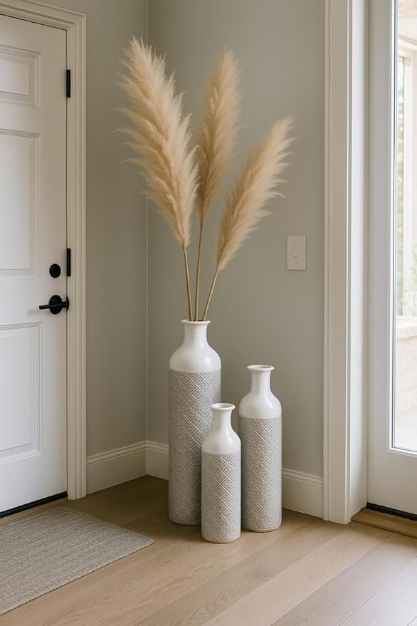 Leewadee Set of 3 Large Floor Vases – Decorative Tall Metal Vases in Grey White (28/22/17 inches) – Elegant Home Decor for Stylish Interiors