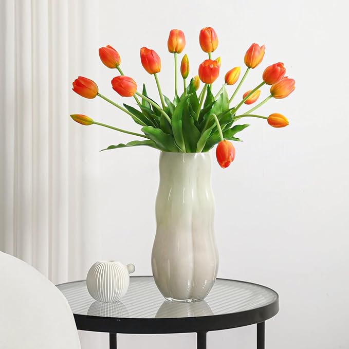Artificial Flowers 20pcs Fake Tulips Real Touch, Faux Latex Tulips Flowers with Gift Box Soft Faux Tulips Bouquets Arrangements for Party Wedding Home Room Decoration(Orange)