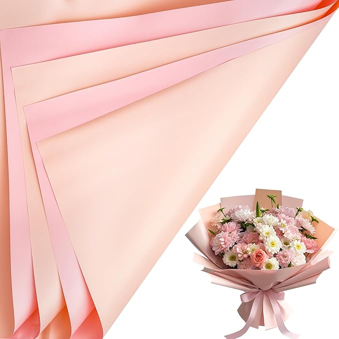 LeZakaa 20 Sheets Flower Wrapping Paper - Waterproof Reversible Floral Bouquet Paper - Candy Pink and Bright Pink Design for Valentine's Day, Mother's Day, Parties, Birthdays, Weddings, Baby Shower