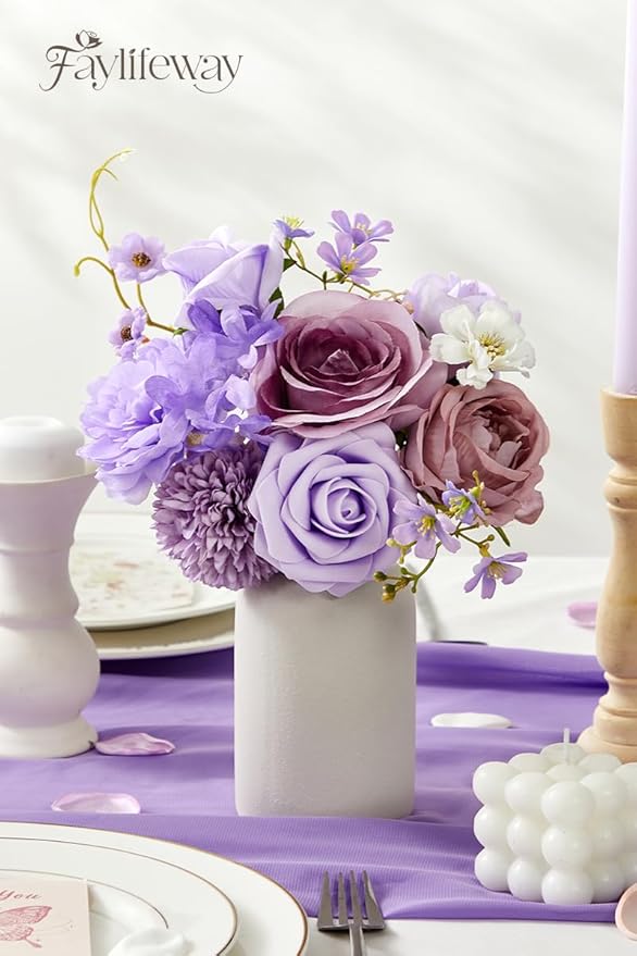 Artificial Flowers, Purple Silk Flowers for DIY Wedding Bridal Bouquets, Fake Cake Flowers for Centerpieces,Baby Shower, Table Arrangement, Home Party Decorations