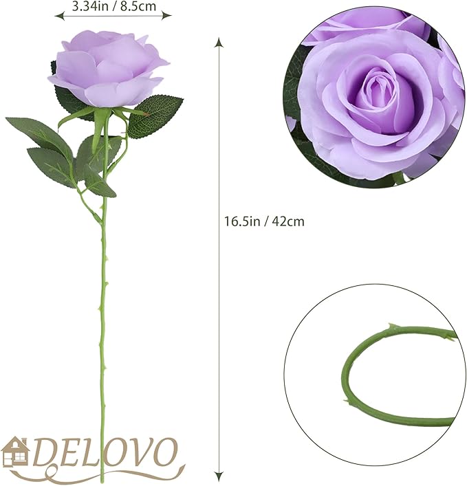 52pcs Lavender Roses Artificial Flowers Fake Flowers Silk Roses with Stems for DIY Wedding Bouquets Bridal Shower Centerpieces Arrangements Party Decorations