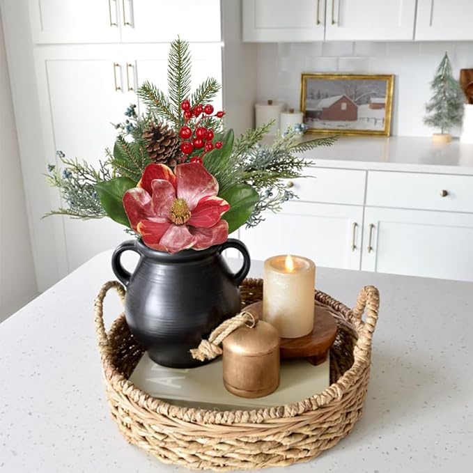 Briful 2 Pack 18.9in Christmas Magnolia Flower Branches, Artificial Magnolia Floral Picks and Spray with Pinecones Berries for Xmas Tree Vase Arrangements Decor