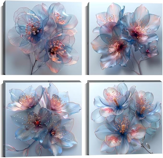 Pankila Abstract Flower Wall Art Blooming Flowers Pictures Canvas Prints Blue Pink Flower Wall Decor for Living Room Bedroom Bathroom Home Decorations Painting Framed Artwork (20''W x 20''H x 4)