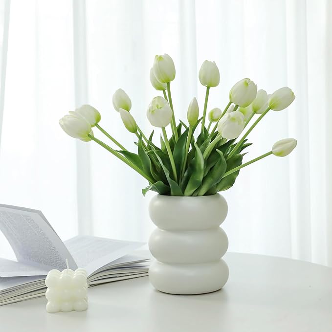 20PCS White Fake Tulips Artificial Flowers Real Touch Latex Faux Tulips UV Resistant Fake Flowers Bouquet for Table Home Decor Party Wedding Garden Decoration