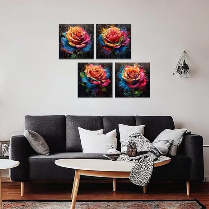 Pankila Colorful Rose Wall Art Floral Pictures Canvas Prints Abstract Rose Flower Wall Decor for Living Room Bedroom Bathroom Home Decorations Framed Artwork Ready to Hang (20''W x 20''H x 4)