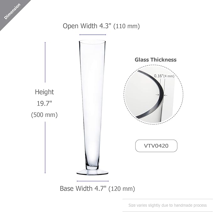 WGV Trumpet Glass Vase, Open 4", Height 20", (Multiple Sizes Choices) Clear Tall Pilsner Floral Planter Container Centerpiece, Wedding Event Home Decor, 1 Piece (VTV0420)