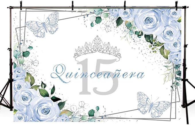 SENDY 7x5ft Quinceañera Backdrop Mis Quince 15 Anos Birthday Party Decoration Supplies for Girl Princess Blue Floral Butterfly Silver Crown Photography Background Banner Photo Booth Studio Props