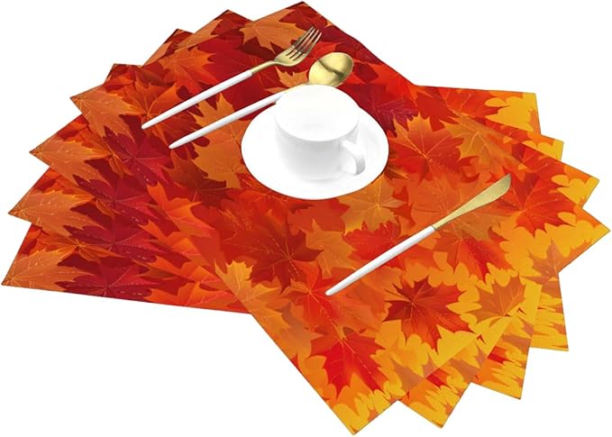 PVC Placemats Set of 6 Wipeable Table Mats Washable Heat Resistant Non Slip Vinyl Dining Table Mat for Kitchen Indoor Outdoor Patio Farmhouse Place Mats Orange Thanksgiving Maple Decorative