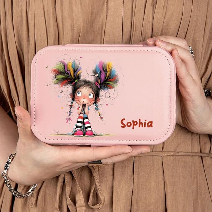 callie Personalized Quirky Girl Jewelry Box - Custom Name & 15 Pattern, 2 Layer PU Leather Travel Makeup Box Organizer Case, Birthday Christmas Gift for Women Girls