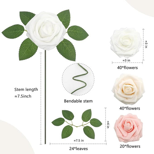100PCS Artificial Flowers Champagne/Pink/White Roses Real Looking Foam Fake Roses with Leaves and for DIY Wedding Bouquets Bridal Shower Centerpieces Party Decorations