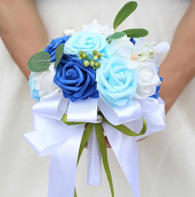 Lightweight Bridal Wedding Bouquet Round Holding Bouquet Throw Toss Artificial Rose Flower Bunch for Bride Bridesmaid Wedding Quinceanera (White, Royal Blue & Light Blue, 7.9")