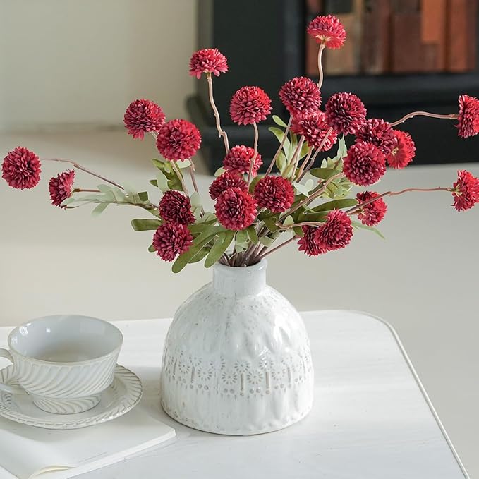 Laelfe Artificial Kiku Flower Wind Red- 5 Pcs Fake Pompon Mums Silk Small Chrysanthemum Faux Ball Fall Flower Stem Decor for Wedding Filler DIY Bouquet Centerpieces Arrangements Shower (Dark Red)