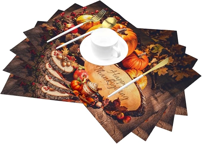 PVC Placemats Set of 1 Wipeable Table Mats Washable Heat Resistant Non Slip Vinyl Dining Table Mat for Kitchen Indoor Outdoor Patio Farmhouse Place Mats Thanksgiving Pumpkin Decorate Decorative