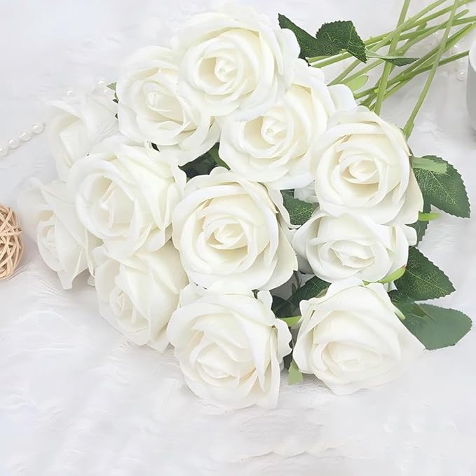 Jasion 12PCS Artificial Roses Realistic Velvet Silk Flowers Long Stem Faux Flowers Bouquet for Wedding Home Party Table Centerpieces Decorations (White)