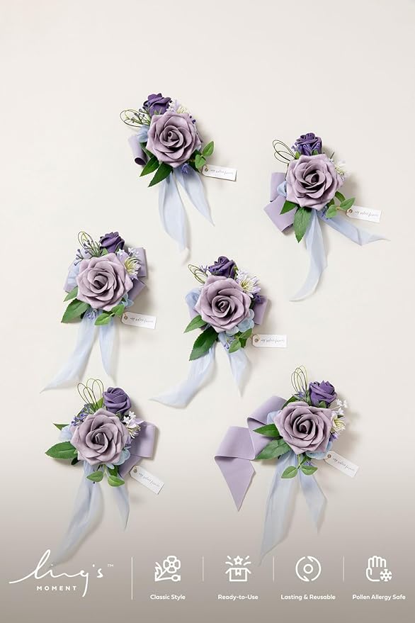 Ling's moment 6pcs Homecoming Wedding Wrist Corsage Artificial Flowers, Girl/Mother Prom Corsages Wristlet Décor, etc. Purple