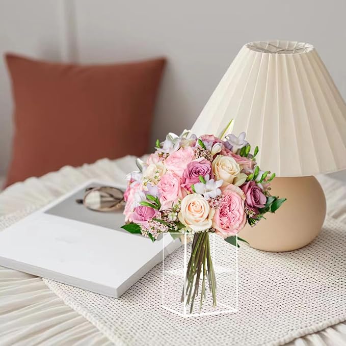 24 Pack Acrylic Vases, 4 Inch Clear Cube Acrylic Vase Bulk Small Square Plastic Flower Vase Container Unbreakable Plastic Vases for Centerpiece Home Table Wedding