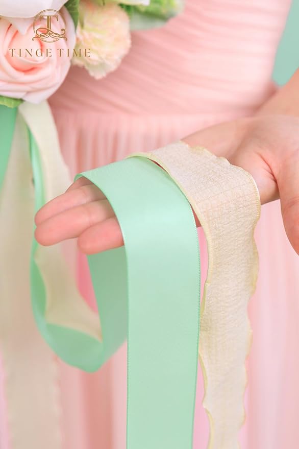TINGE TIME 7 Inch Artificial Flowers Wedding Bouquets for Bridesmaid, Set of 4, Mint Green & Pink Bride Tossing Bouquet for Rustic Wedding Ceremony Bridal Shower Rehearsal Dinner Vintage Party