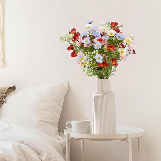 Artificial Flower Bouquet -5 Bundles of 25 Faux Colorful Daisies &Greenery Stems- 24 Inch Realistic Silk Floral Arrangement for Summer Fall Home, Wedding, and DIY Décor