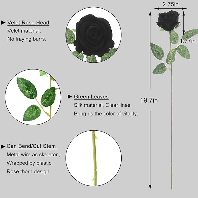 12Pcs Black Roses Artificial Flowers Fake Roses Faux Velvet Silk Flower for Home Wedding Decoration (Pearl Rose, Black)