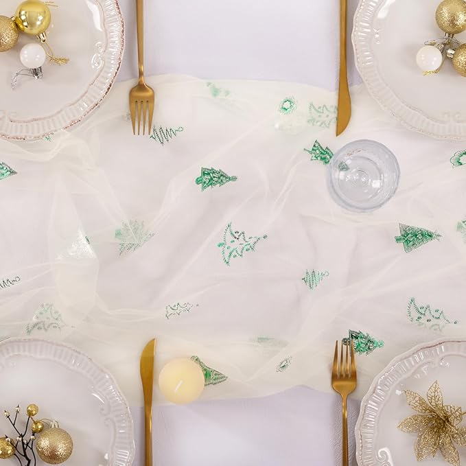 Socomi Christmas Tree Table Runner Gold Gauze Sheer Chiffon Cheesecloth Sequin 10FT Glitter Metallic Foil Dining Wedding Birthday Party Winter Holiday Centerpiece Table Decor 3pcs Beige