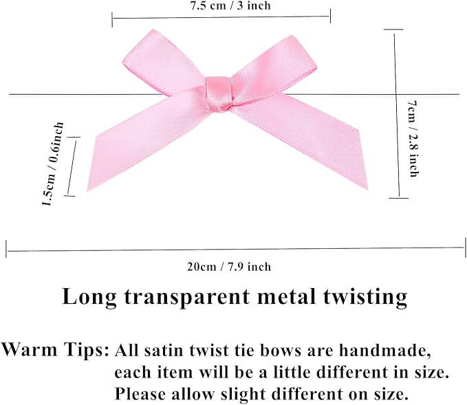 50 PCS 3 Inches Satin Bow Twist Ties, Ribbon Twist Tie Bows for Treat Bags, Pink Pretied Bows, Twist Bows, Tied Bows with Wire for Bags, Pre Tied Ribbon Bows for Baby Shower, Favors, Popcorn