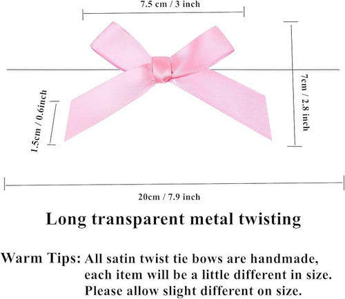 100 PCS 3 Inch Pink Twist Bows for Treat Bags, Satin Twist Tie Bows, Pre Tied Bows with Wire, Ribbon Bows with Twist Ties, Bow Ties for Gift Bags, Popcorn Bags, Cookie Bags, Party Favors