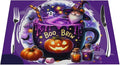 PVC Placemats Set of 1 Wipeable Table Mats Washable Heat Resistant Non Slip Vinyl Dining Table Mat for Kitchen Indoor Outdoor Patio Farmhouse Place Mats Purple Halloween Magic Cauldron Decorative