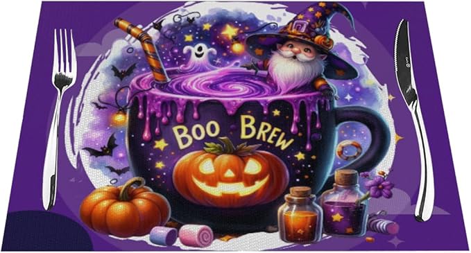 PVC Placemats Set of 4 Wipeable Table Mats Washable Heat Resistant Non Slip Vinyl Dining Table Mat for Kitchen Indoor Outdoor Patio Farmhouse Place Mats Purple Halloween Magic Cauldron Decorative