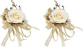 USIX 2pc Pack-Handmade Men's Lapel Pin Champagne Ivory Rose with Gold Leaves Ribbons Artificial Pearls Boutonniere Pin for Suit Wedding Groom Groomsmen Brooch Rose Boutonniere (Boutonniere)