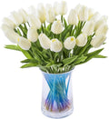 30pcs Artificial Tulips Flowers Real Touch Tulips Fake Holland PU Tulip Bouquet Latex Flower White Tulip for Wedding Party Office Home Kitchen Decoration (Milk White)