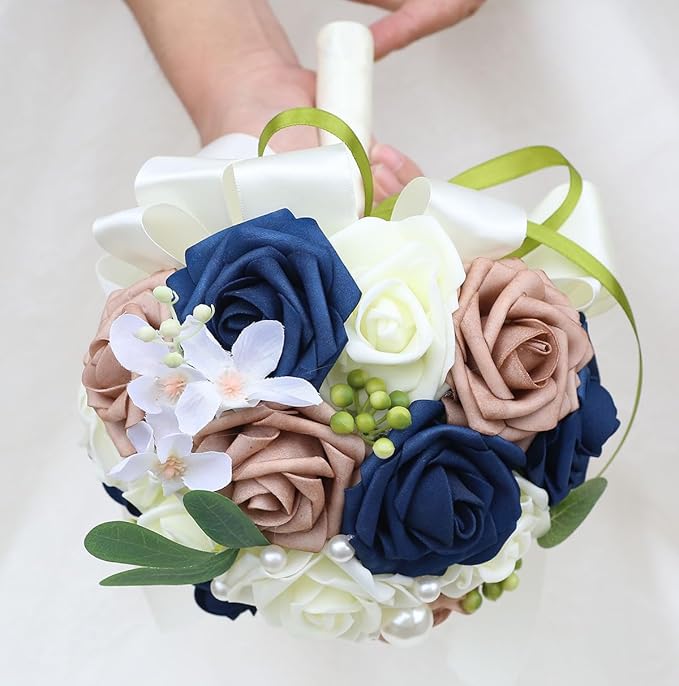 Lightweight Bridal Wedding Bouquet Round Holding Bouquet Throw Toss Artificial Rose Flower Bunch for Bride Bridesmaid Wedding Quinceanera (Cream, Navy & Rosy Brown, 9.1")