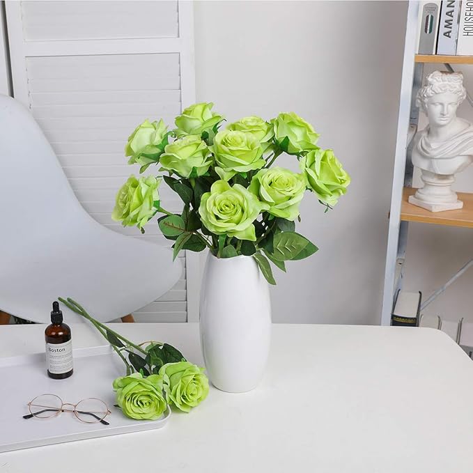 Nubry Artificial Silk Rose Flower Bouquet Lifelike Fake Rose for Wedding Home Party Decoration Event Gift 10pcs (Green)