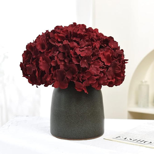 10PCS Artificial Hydrangea Flowers, Fake Hydrangea Silk Flowers Heads with Stems for Wedding Home Party Shop Baby Shower Decoration-Claret Red