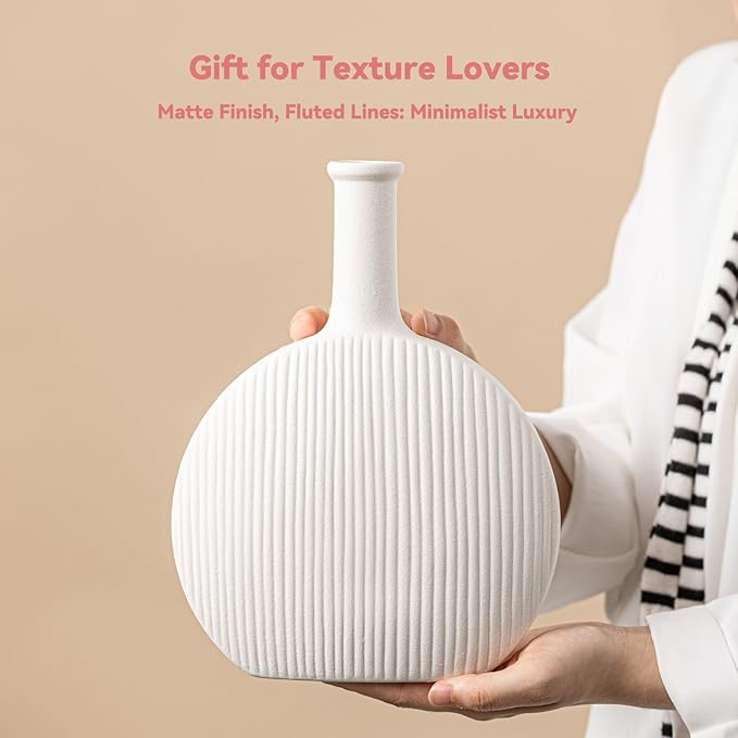 White Ceramic Vase with Vertical Fluted Texture - 9.8" Unique Flower Vase for Pampas Grass & Centerpieces, Decorative Boho/Farmhouse Vase for Living Room, Office Desk & Gift for Her/Yourself