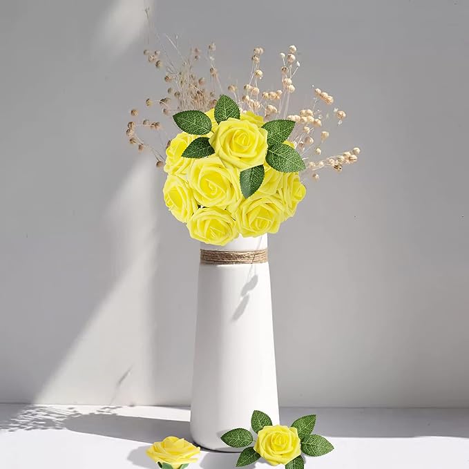AmyHomie Artificial Flower Yellow Rose 25pcs Real Looking Fake Roses w/Stem for DIY Wedding Bouquets Centerpieces Arrangements Party Baby Shower Valentines Day Christmas Tree Decorations
