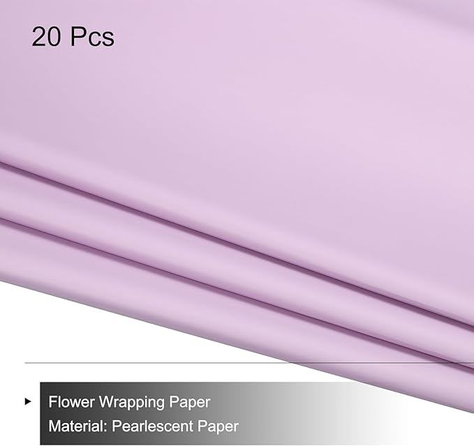 MECCANIXITY Pearlescent Film Flower Wrapping Paper 22.8x22.8 Inch Waterproof for DIY Crafts, Gift/Gift Box Packaging Light Purple 20 Pcs