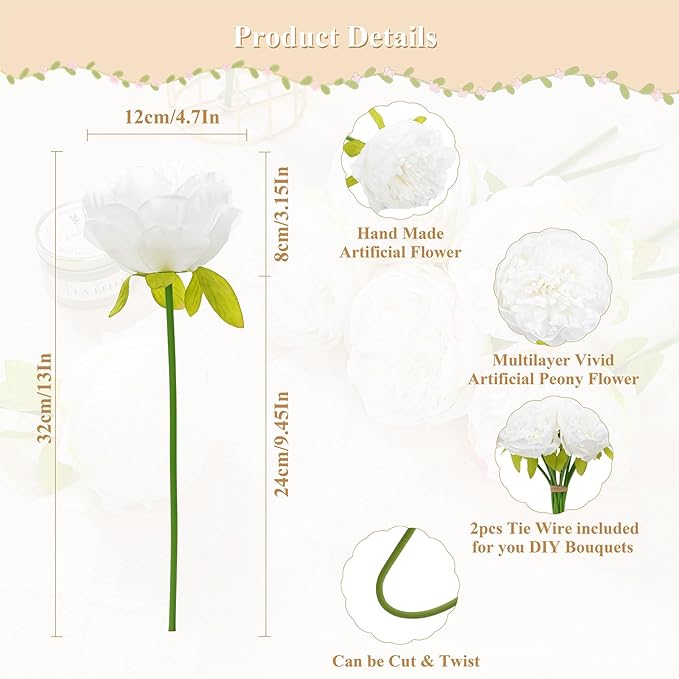 U'Artlines Artificial Peony Silk Flower with Stems 20pcs Real Look Vintage Peonies for Home Wedding Decoration(Pure White)
