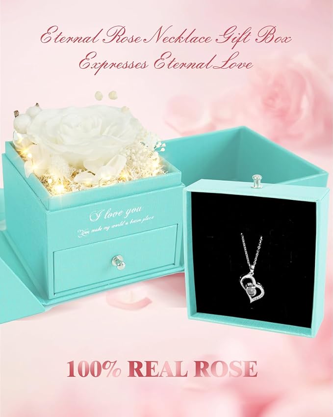 Birthday Gifts for Women, Preserved Real Roses with Heart Necklace I Love You in 100 Languages, Romantic Anniversary Wedding Gifts for Women Her Girlfriend Wife, Forever Roses Necklace Gift Box White