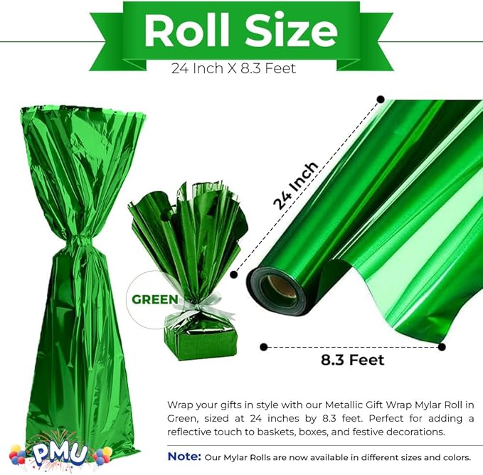 PMU (2 Gift Wrap Mylar Roll Metallic Green 2-sided, 24 Inches X 8.3 Ft Roll 1.4 Mil Highly Reflective Mylar Film, Great for Gifts, Birthdays, Christmas, Baskets, Arts & Crafts