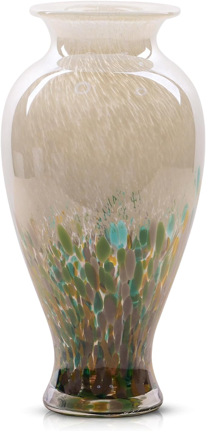 11.8" Tall Green Glass Vase Beautiful Hand Blown Glass Vase Modern Art Home Decor, Wide Mouth Colorful Vases for Mantle Dining Table Centerpiece, Entryway Living Room Wedding Decoration