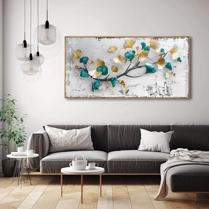 Wall Art Ginkgo Leaf Modern Botanical Artwork Canvas Painting for Living Room Bedroom Dining Room Home Office Decor 20"x40" with Framed