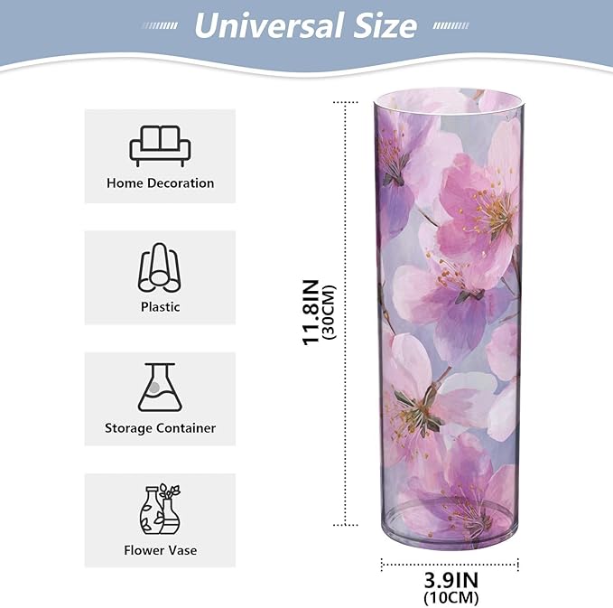 Flower Vase Clear Plastic Cylinder Vases Decor for Centerpieces Home Storage Office Weddings Japanese Cherry Blossom 11.8 x 3.9 in
