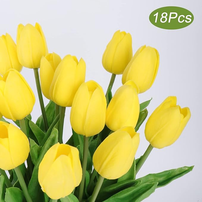 Beferr Tulips Artificial Flowers 18Pcs Faux Tulip Real Touch Tulip Fake Flowers Bouquets Arrangements for Mothers Day Spring Easter Home Wedding Table Decor Yellow